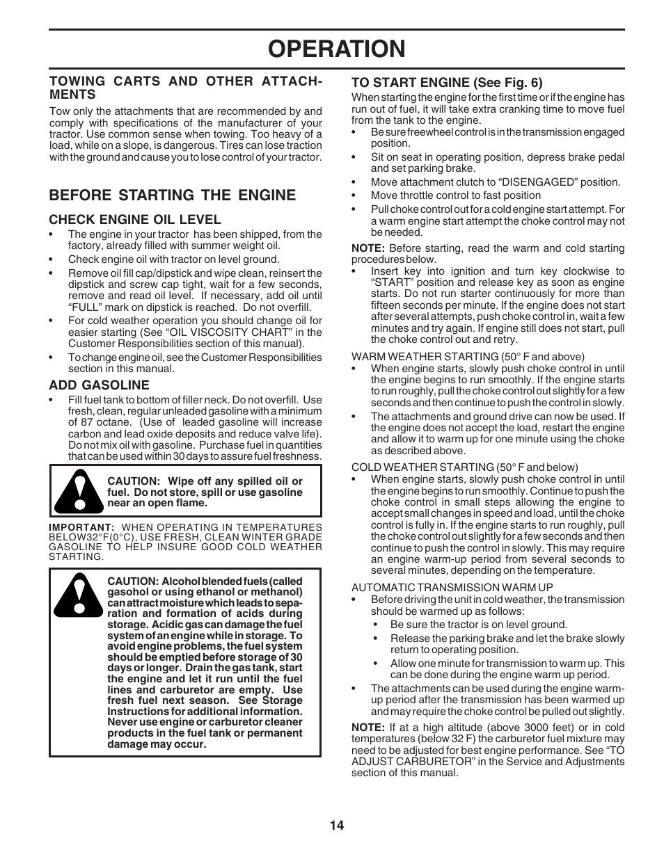 Operation, Before starting the engine | Poulan 183284 User Manual | Page 14 / 48