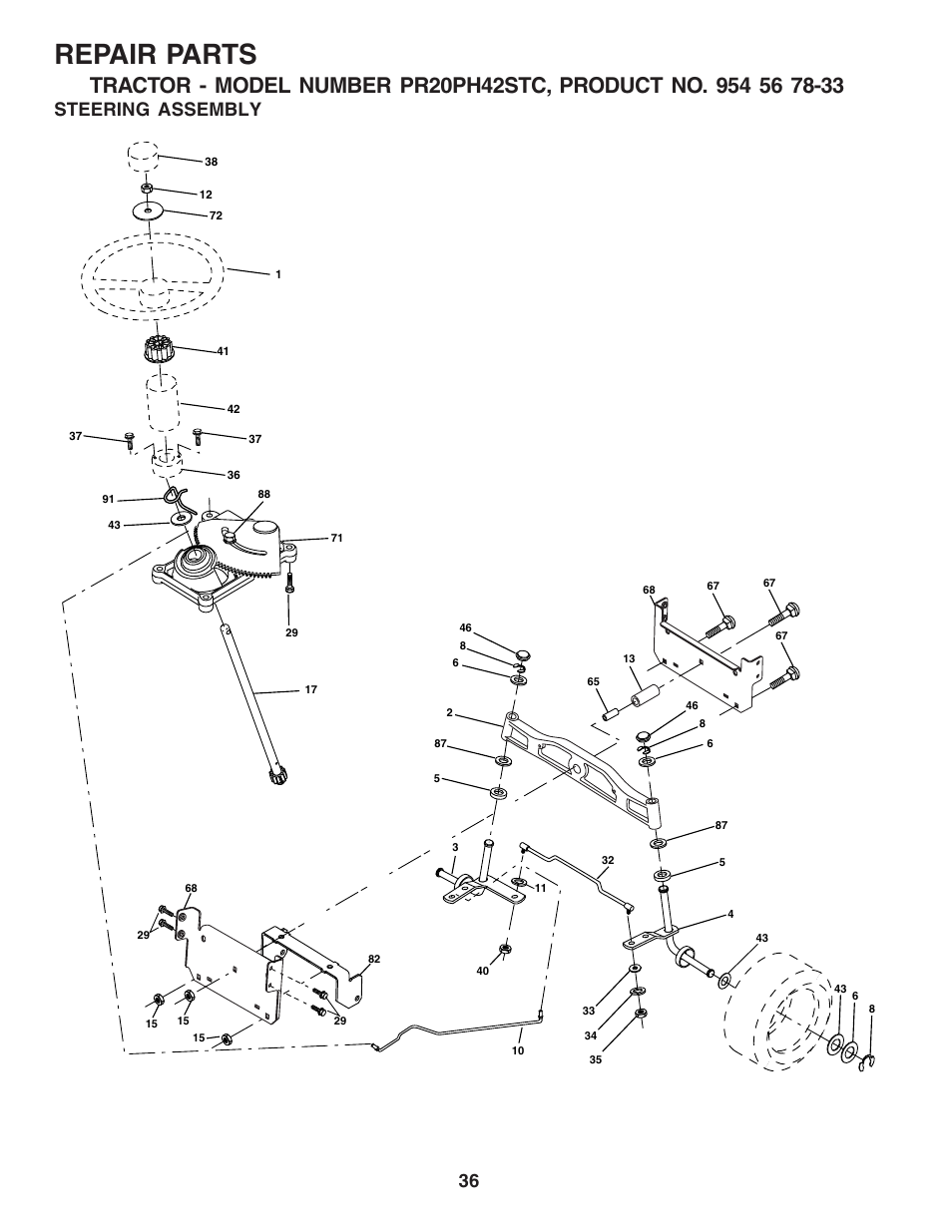 Repair parts, Steering assembly | Poulan 183284 User Manual | Page 36 / 48