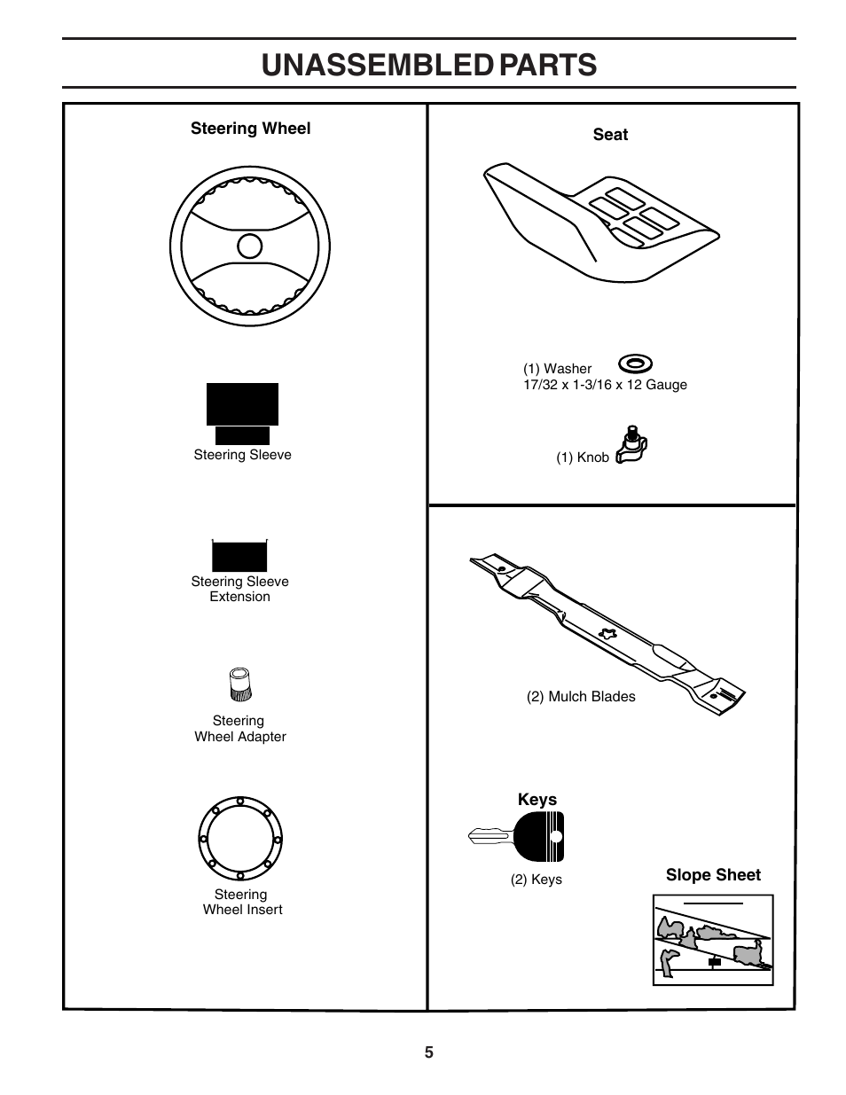 Unassembled parts | Poulan 183284 User Manual | Page 5 / 48