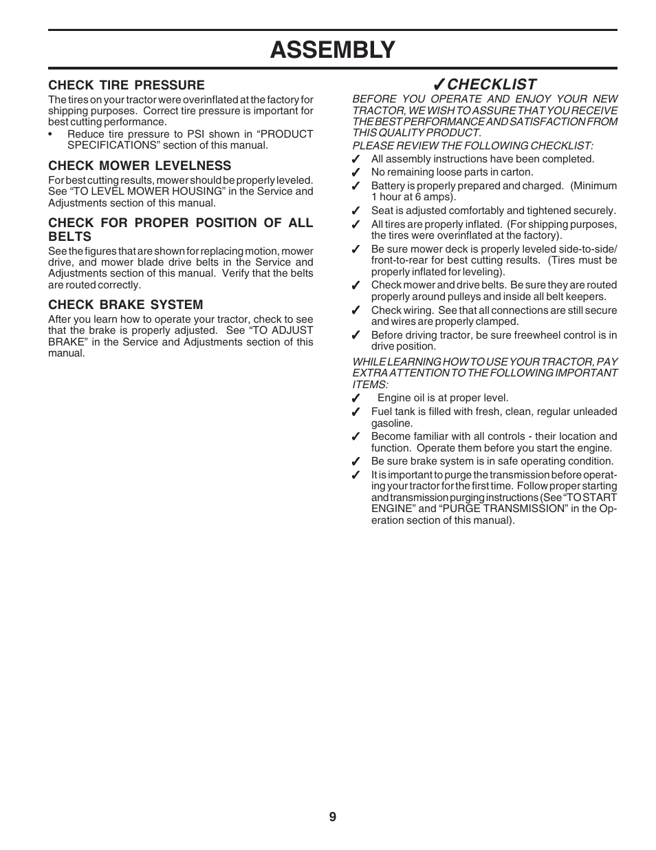 Assembly, Checklist | Poulan 183284 User Manual | Page 9 / 48