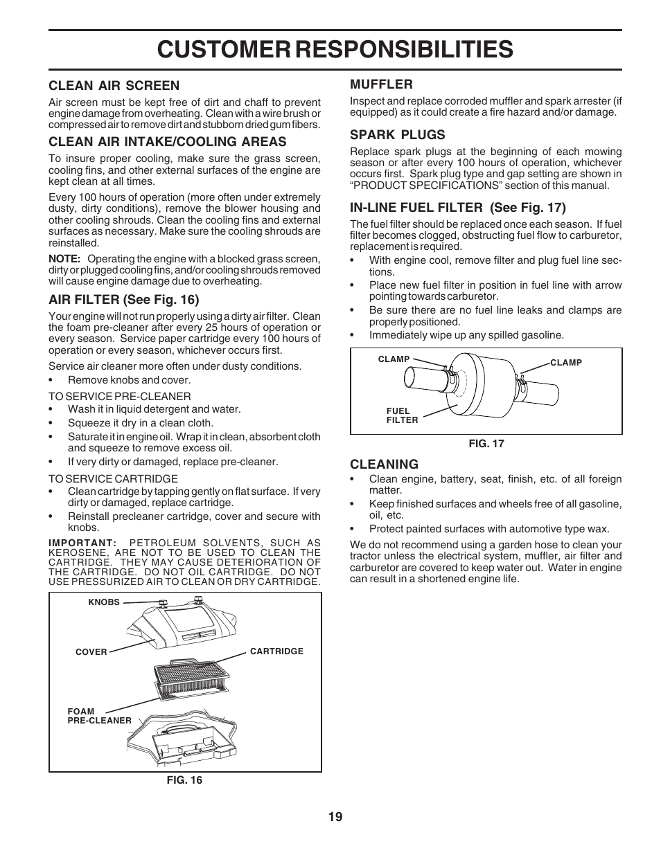 Customer responsibilities | Poulan 182770 User Manual | Page 19 / 48