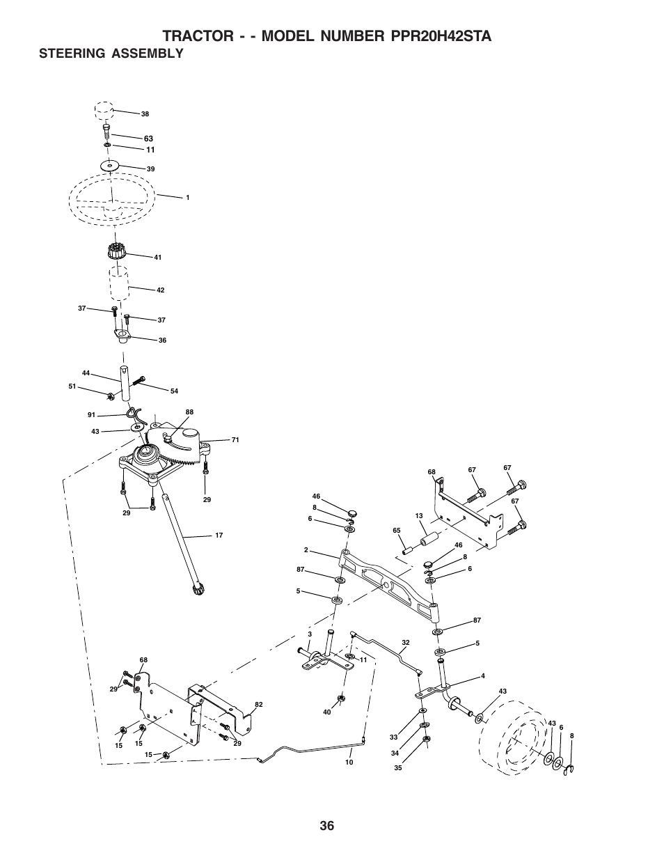 Tractor - - model number ppr20h42sta, Steering assembly | Poulan 182770 User Manual | Page 36 / 48