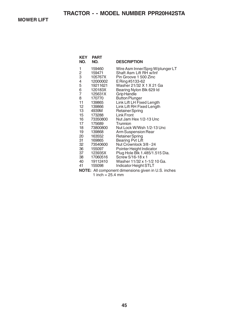 Tractor - - model number ppr20h42sta | Poulan 182770 User Manual | Page 45 / 48