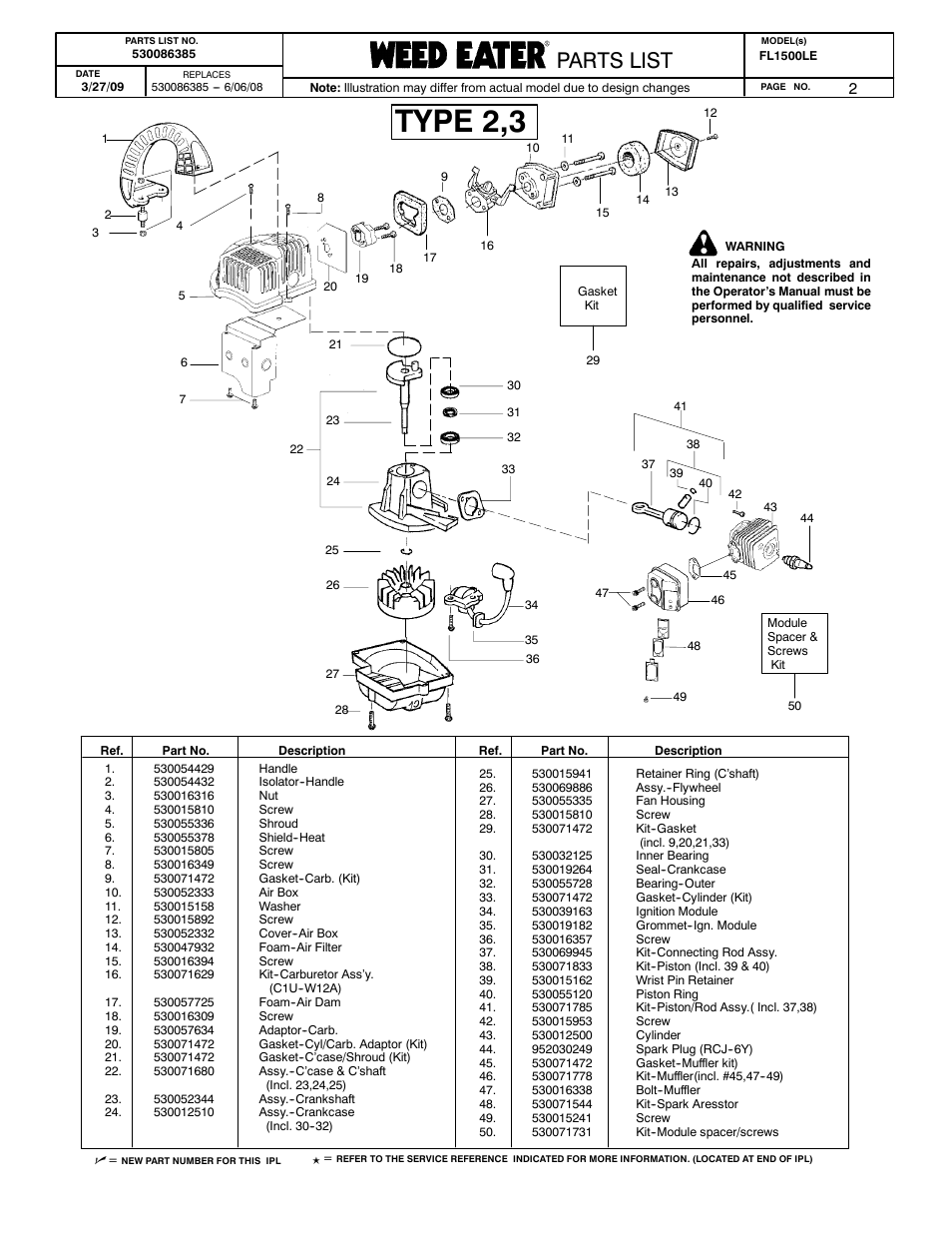 Engine - type 2-3, Type 2,3, Poulan parts list | Poulan pro parts list paramount parts list, Parts list | Poulan 530086385 User Manual | Page 2 / 7