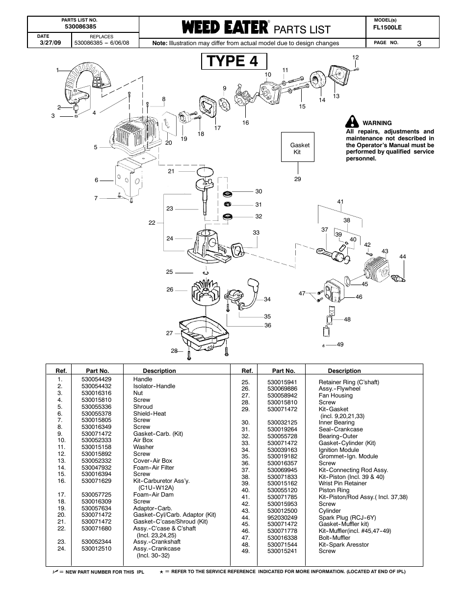 Engine - type 4, Type 4, Poulan parts list | Poulan pro parts list paramount parts list, Parts list | Poulan 530086385 User Manual | Page 3 / 7