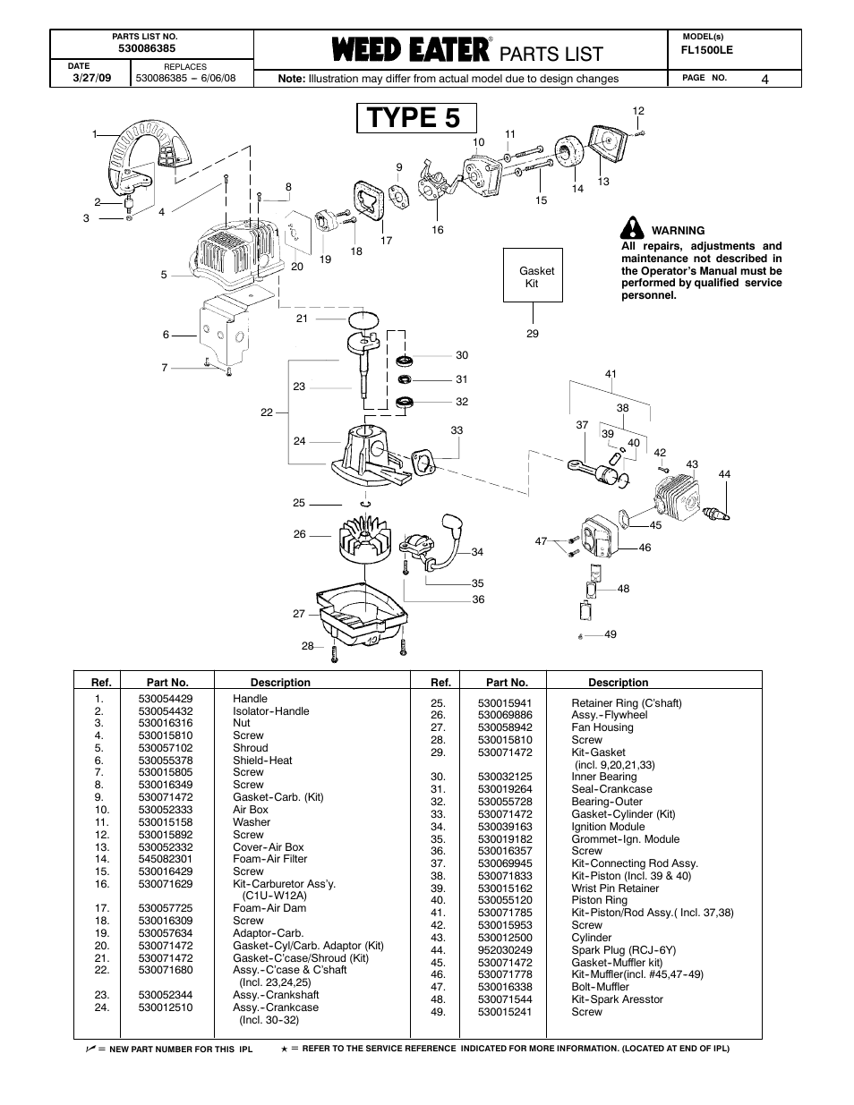 Engine - type 5, Type 5, Poulan parts list | Poulan pro parts list paramount parts list, Parts list | Poulan 530086385 User Manual | Page 4 / 7
