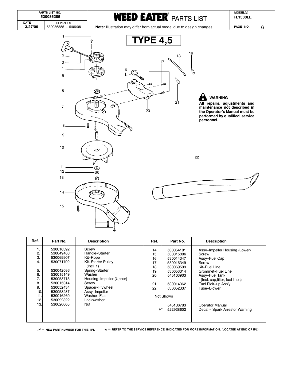 Housing - type 4-5, Type 4,5, Poulan parts list | Poulan pro parts list paramount parts list, Parts list | Poulan 530086385 User Manual | Page 6 / 7