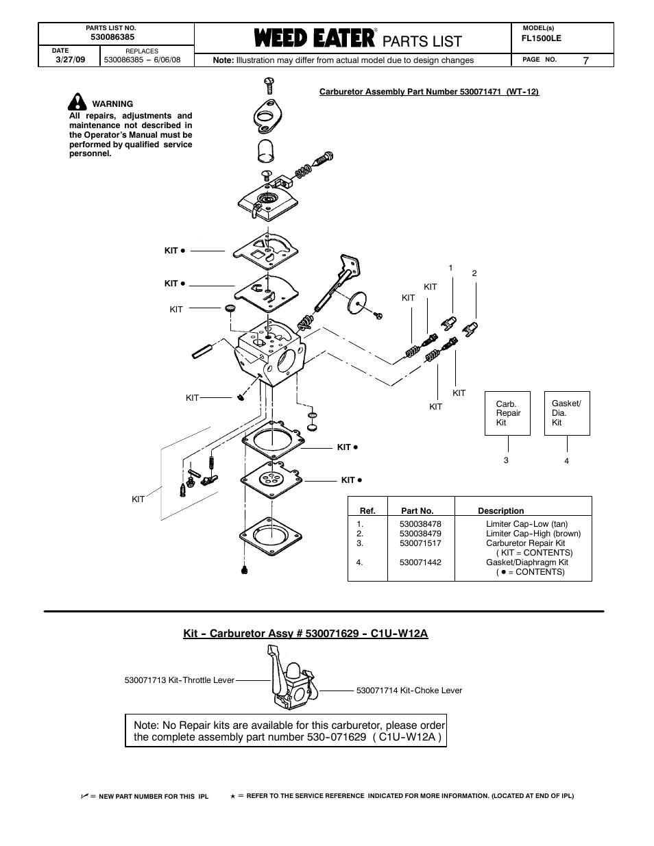 Carburetor, Poulan parts list, Poulan pro parts list paramount parts list | Parts list | Poulan 530086385 User Manual | Page 7 / 7