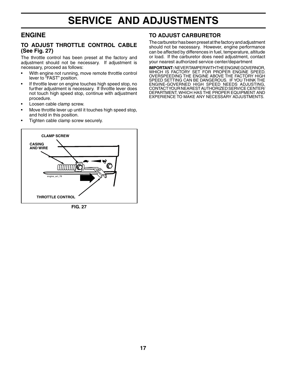 Service and adjustments, Engine | Poulan PRRT65 User Manual | Page 17 / 22