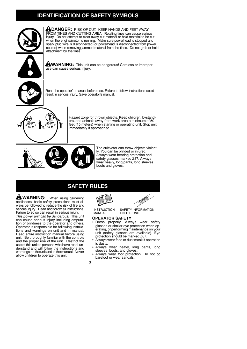 Identification of safety symbols, Safety rules, Warning | Danger | Poulan Pro PP2000T User Manual | Page 2 / 8