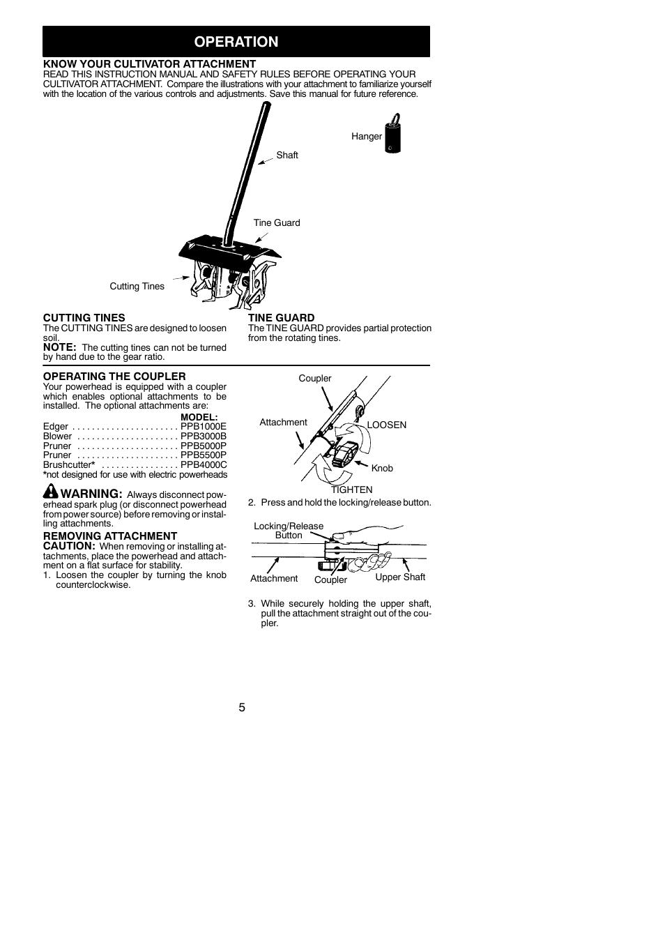 Operation, Warning | Poulan Pro PP2000T User Manual | Page 5 / 8