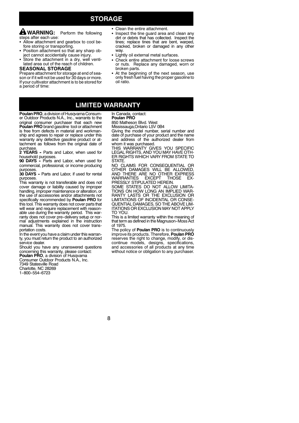 Storage, Limited warranty, Warning | Poulan Pro PP2000T User Manual | Page 8 / 8
