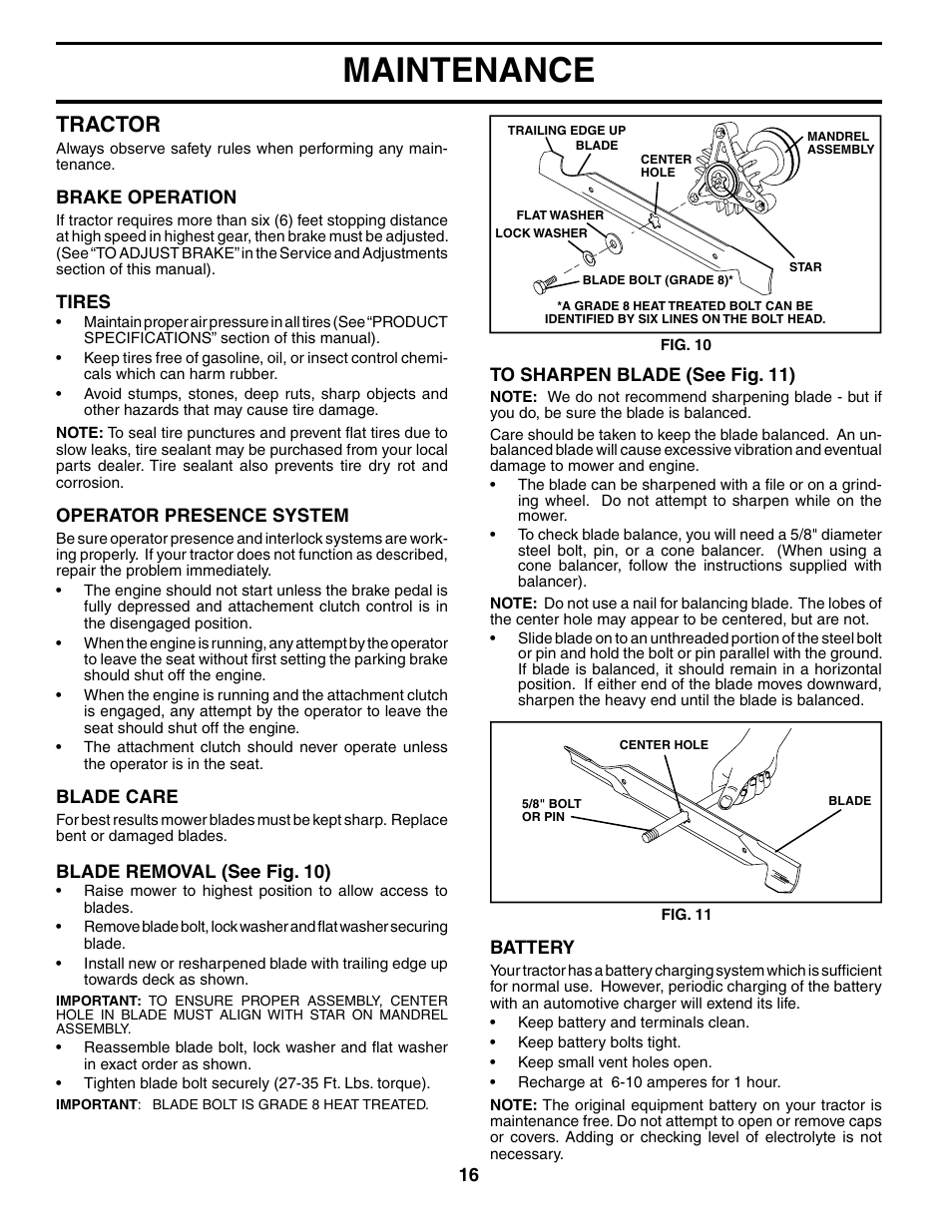 Maintenance, Tractor | Poulan 184523 User Manual | Page 16 / 48