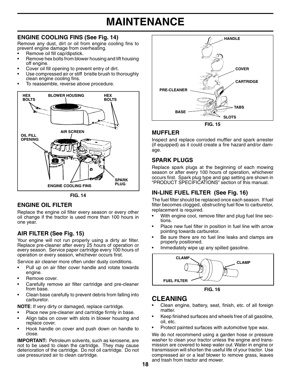 Maintenance, Cleaning | Poulan 184523 User Manual | Page 18 / 48