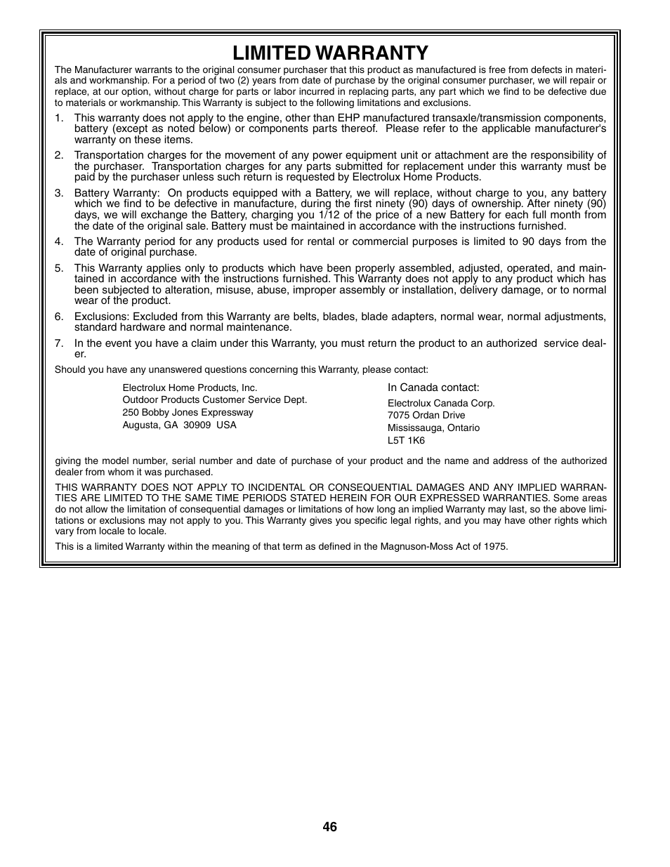 Limited warranty | Poulan 184523 User Manual | Page 46 / 48