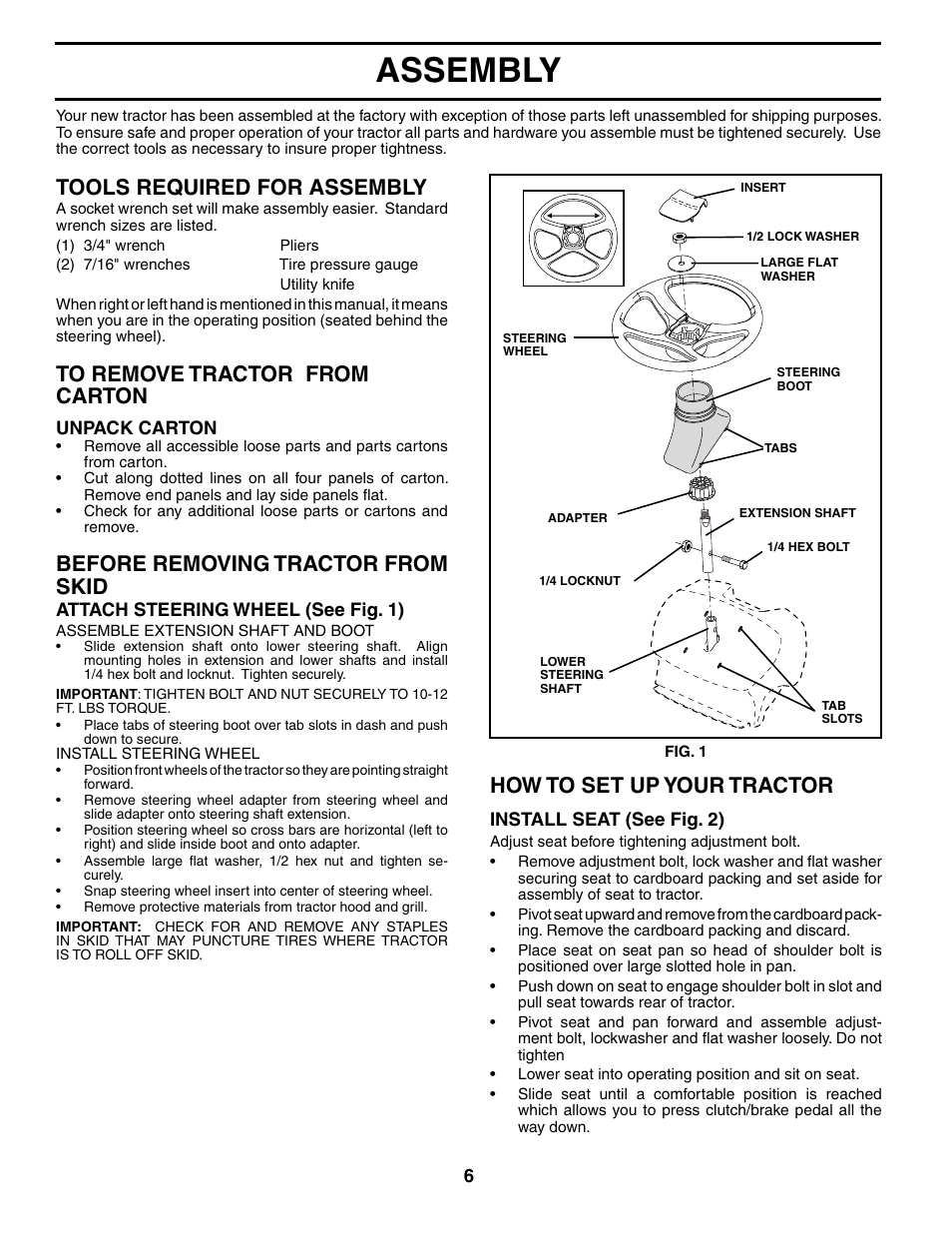 Assembly, How to set up your tractor, Tools required for assembly | Before removing tractor from skid | Poulan 184523 User Manual | Page 6 / 48