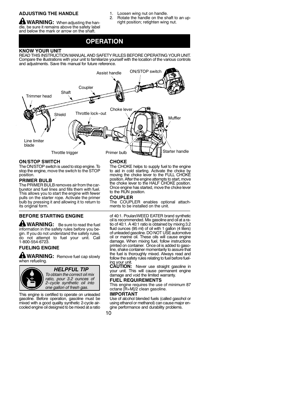 Operation, Warning, Helpful tip | Poulan Pro SM30SB User Manual | Page 10 / 19
