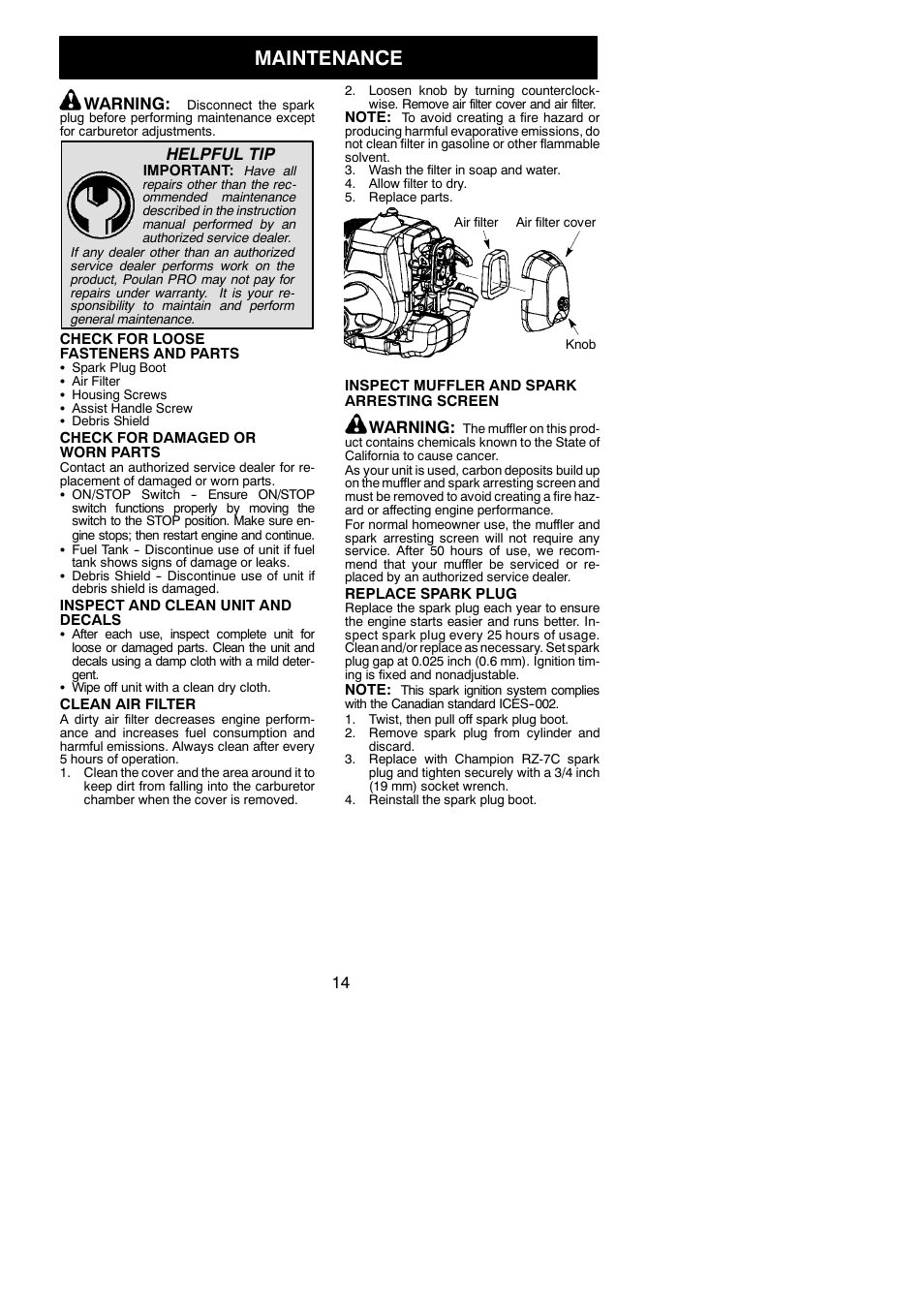 Maintenance, Warning, Helpful tip | Poulan Pro SM30SB User Manual | Page 14 / 19