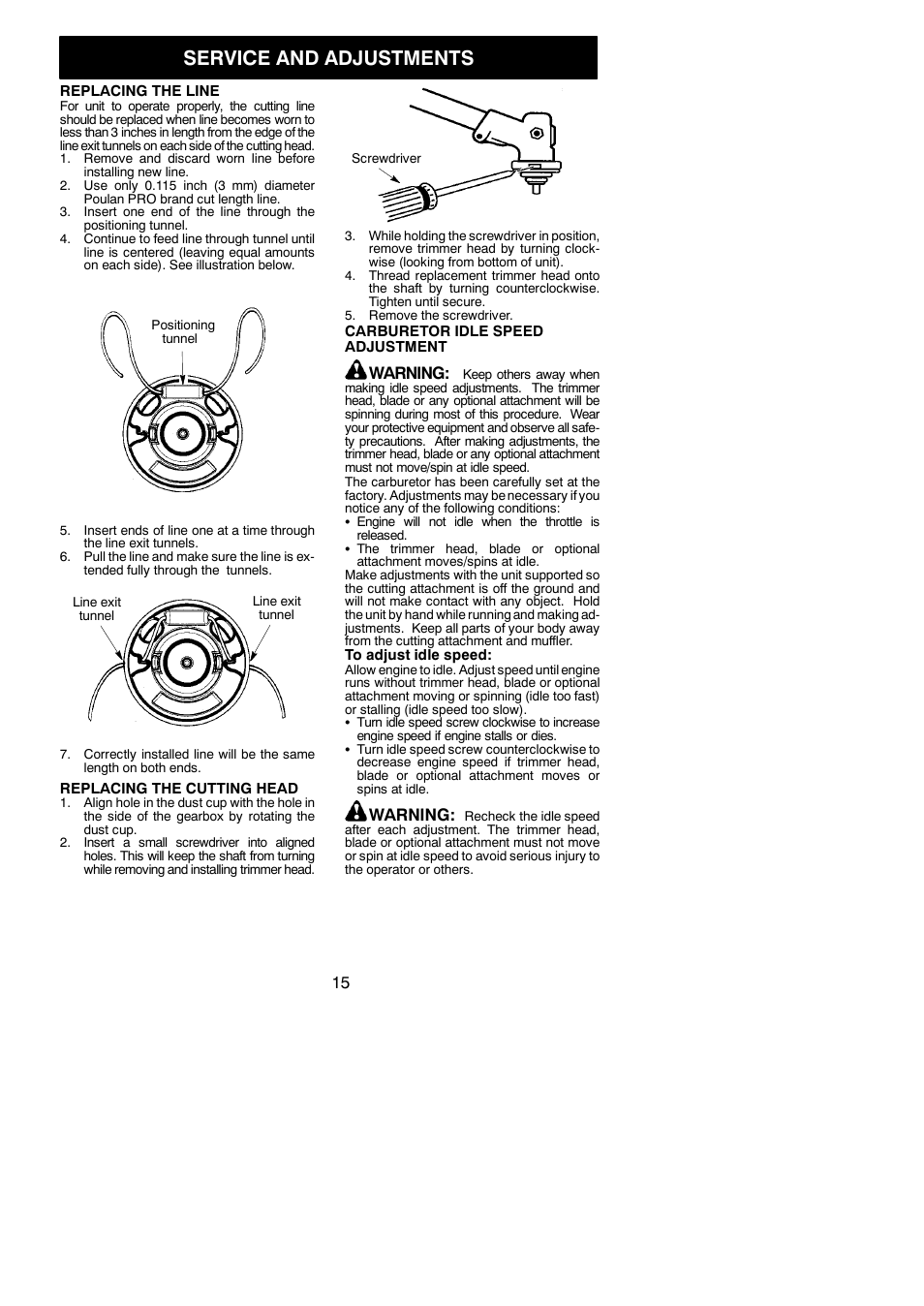 Service and adjustments, Warning | Poulan Pro SM30SB User Manual | Page 15 / 19