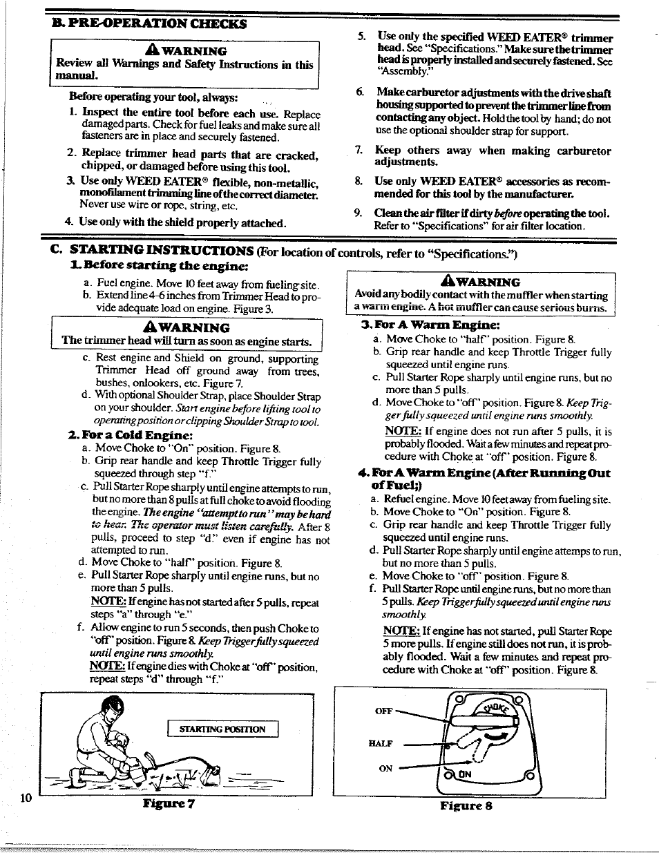 В. prx^operilllon checks, For a warm engine, For a warm engme(aiter running out of fuel;) | В. prx^operilllon checks a, C, starting instructions, X. before starting the engine, For a cold engiite | Poulan 1400T User Manual | Page 10 / 20