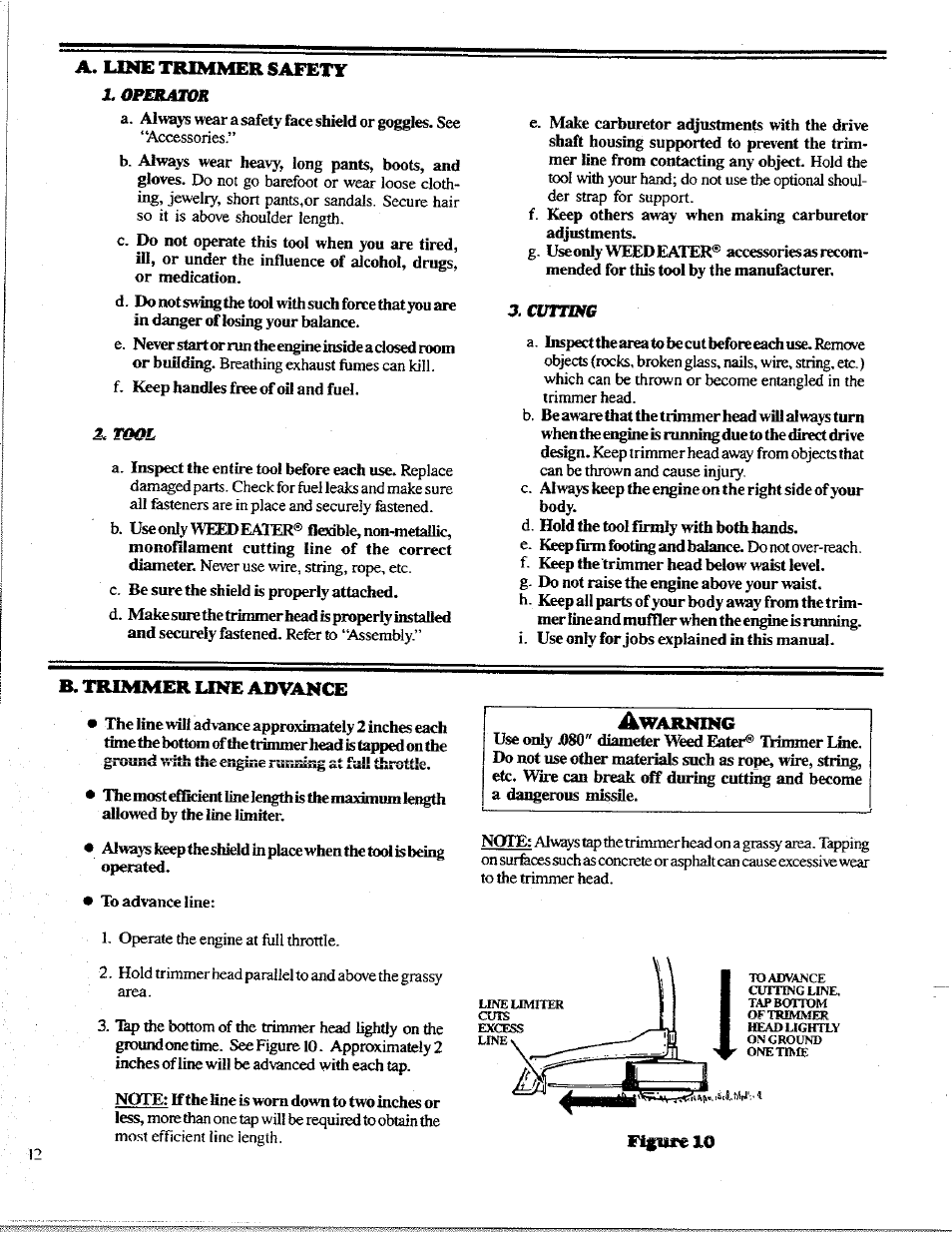 A. line trimmer safety, B. trimmer line advance, A. line trimmer safety b. trimmer line advance | A. line trimmer safety i, operator | Poulan 1400T User Manual | Page 12 / 20