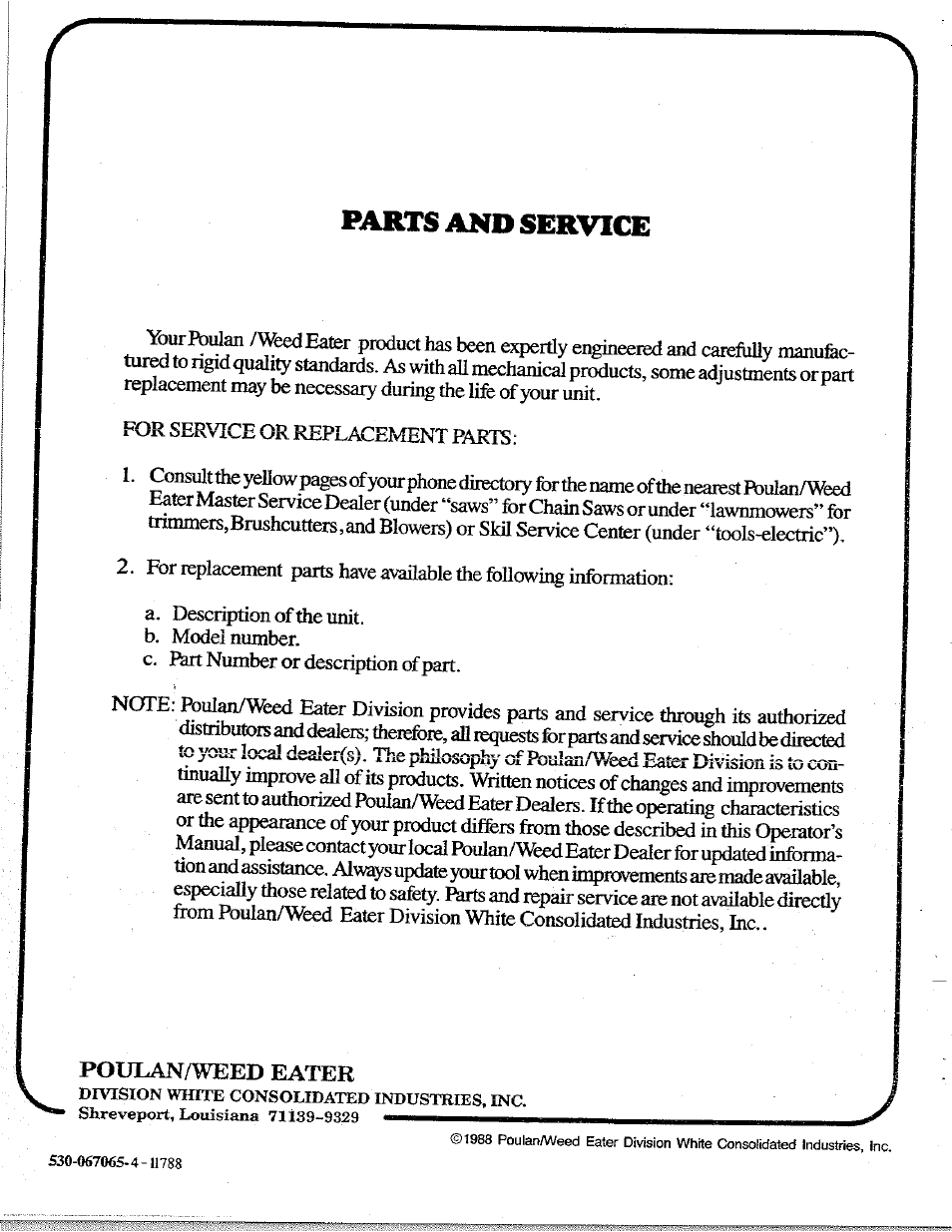 Poulan/weed eater, Parts and service | Poulan 1400T User Manual | Page 20 / 20