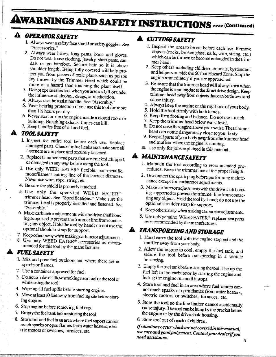 A 0№rat0rsahetr, A toolsafety, A fdelsafety | A cutwigsafety, A madftesancesafety, A transportoigasdsmrage, A. maintenance safety, Warnings, Safety, Instructions | Poulan 1400T User Manual | Page 5 / 20