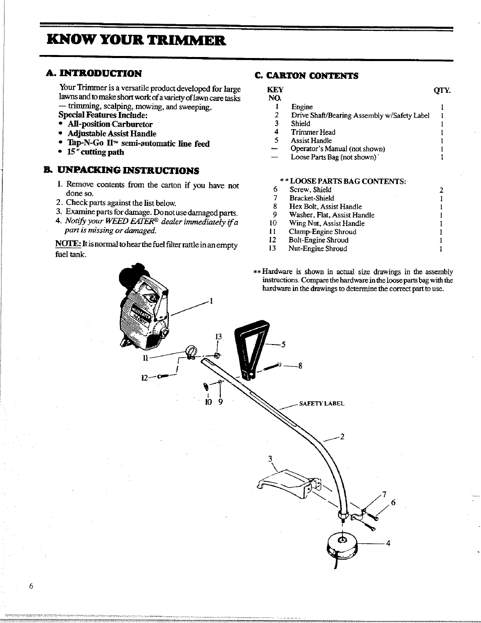 A. introduction, B. unpacking instructions, D. operating instructions | Know your trimmer | Poulan 1400T User Manual | Page 6 / 20