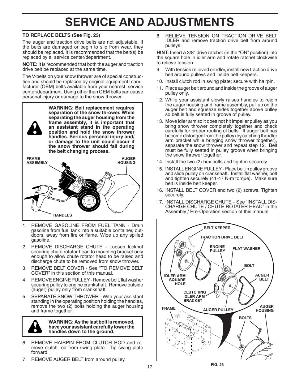Service and adjustments | Poulan Pro PR1330ES SNOW THROWER User Manual | Page 17 / 40