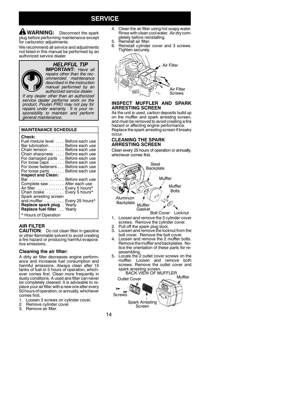 Service, Warning, Helpful tip | Poulan 545123578 User Manual | Page 14 / 18