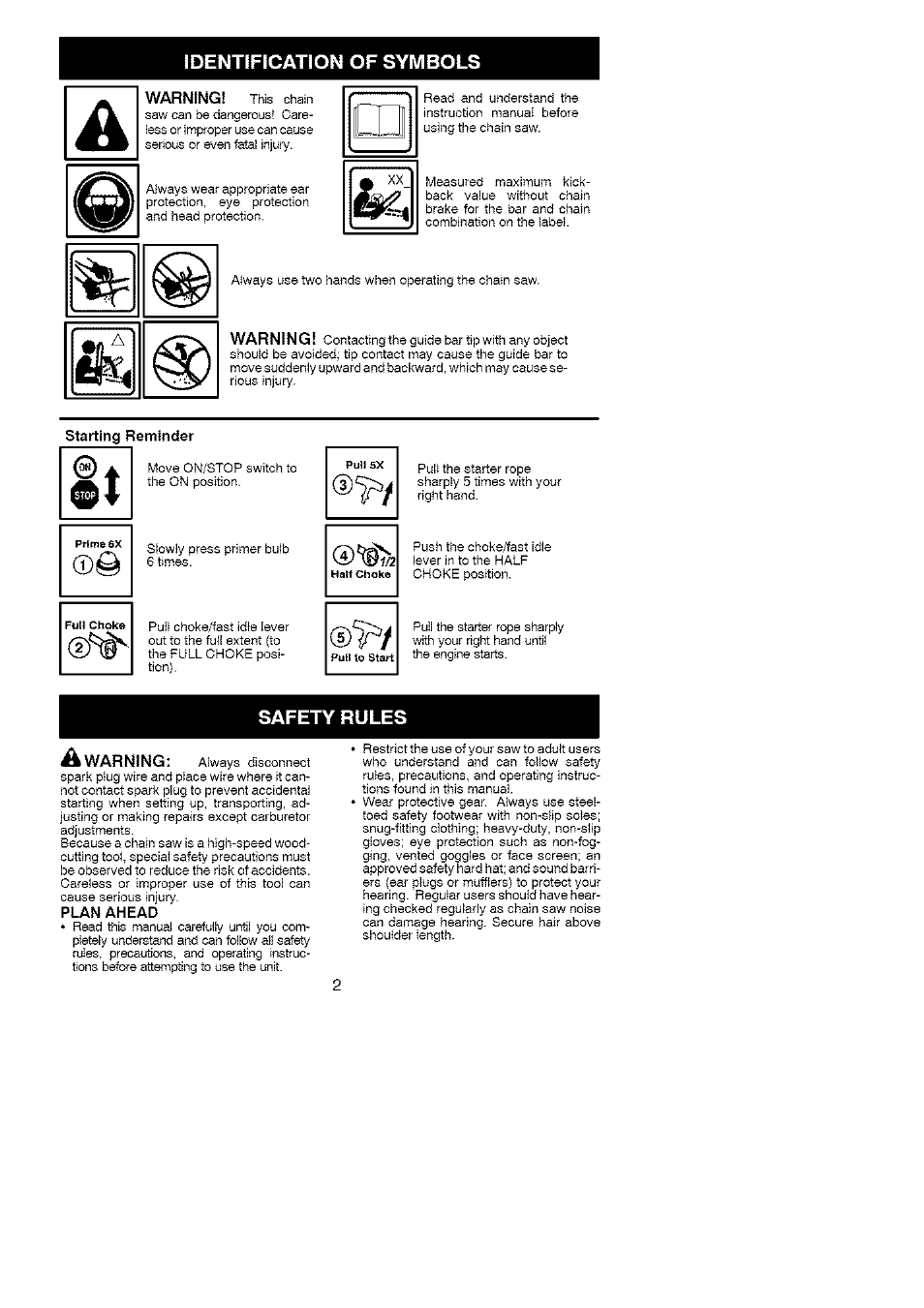 Identification of symbols, Safety rules, Warning | War nin g, Sb warning | Poulan 1975 User Manual | Page 2 / 18