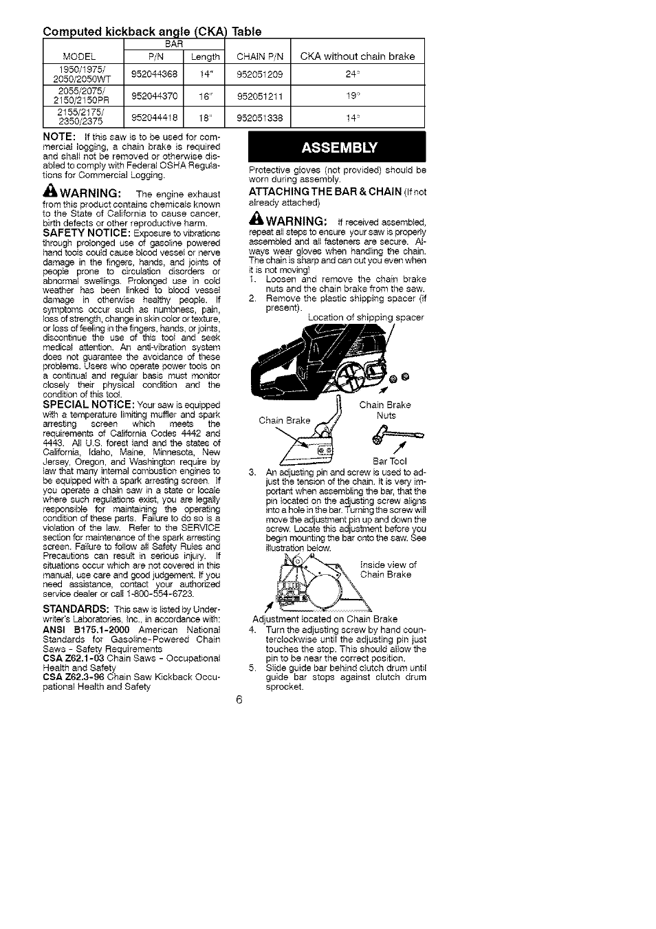 Assembly, Computed kickback angle {cka table, Warning | Poulan 1975 User Manual | Page 6 / 18