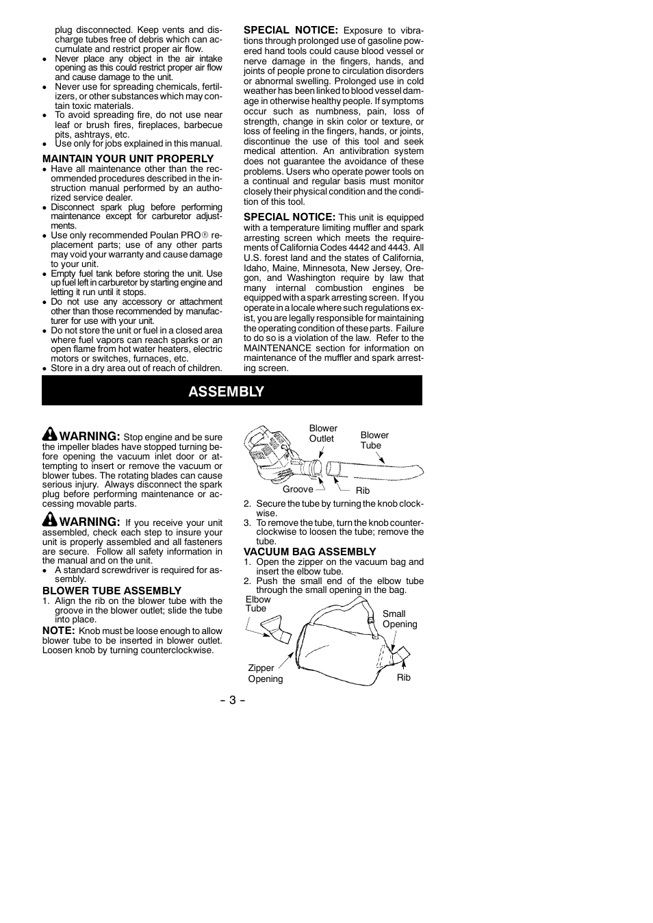 Assembly, Warning | Poulan 530165213 User Manual | Page 3 / 12
