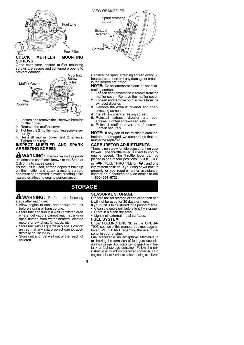 Storage, Warning | Poulan 530165213 User Manual | Page 9 / 12