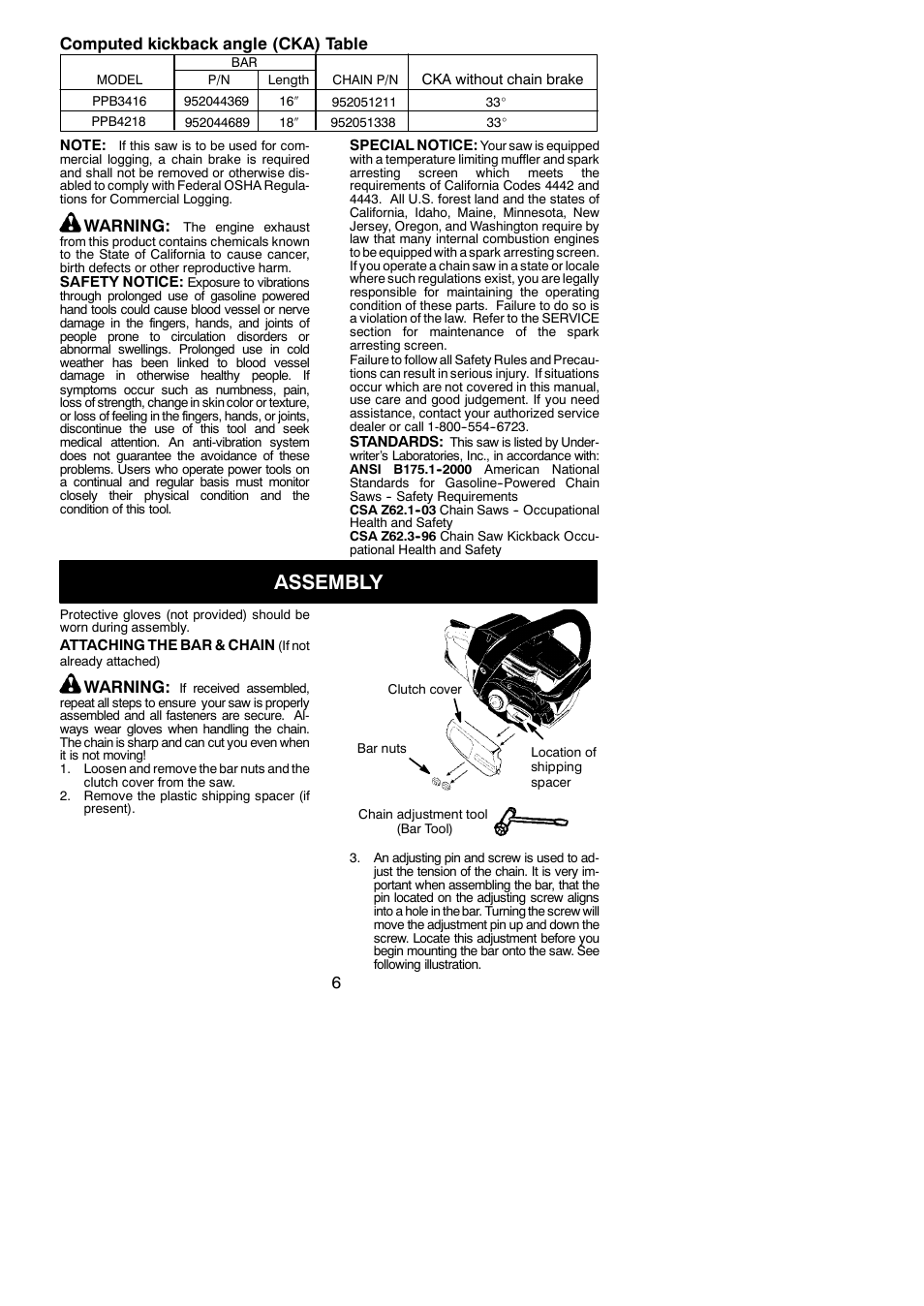 Assembly, 6computed kickback angle (cka) table, Warning | Poulan Pro PPB3416 User Manual | Page 6 / 21