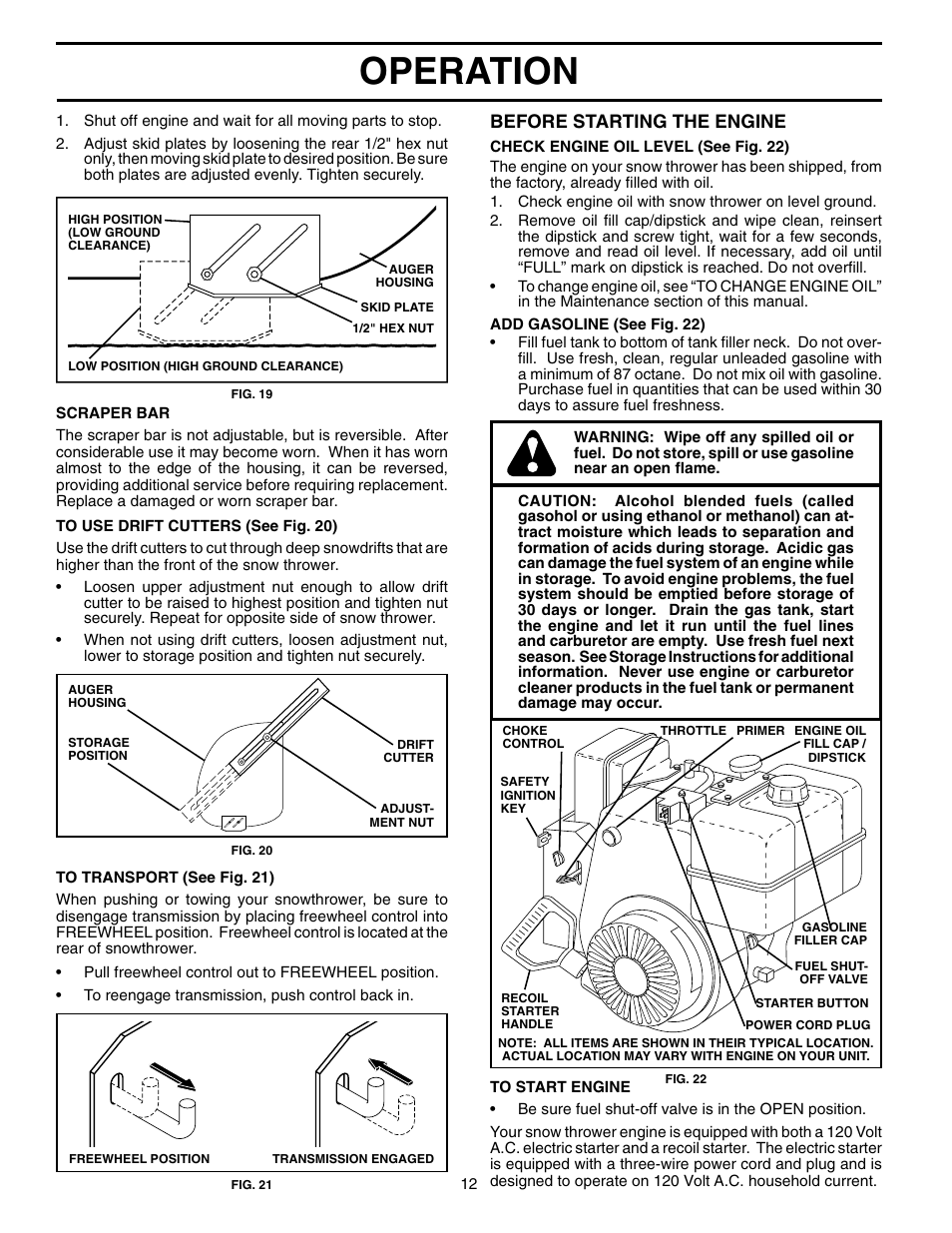 Operation, Before starting the engine | Poulan Pro PP11H30ES SNOW THROWER User Manual | Page 12 / 32