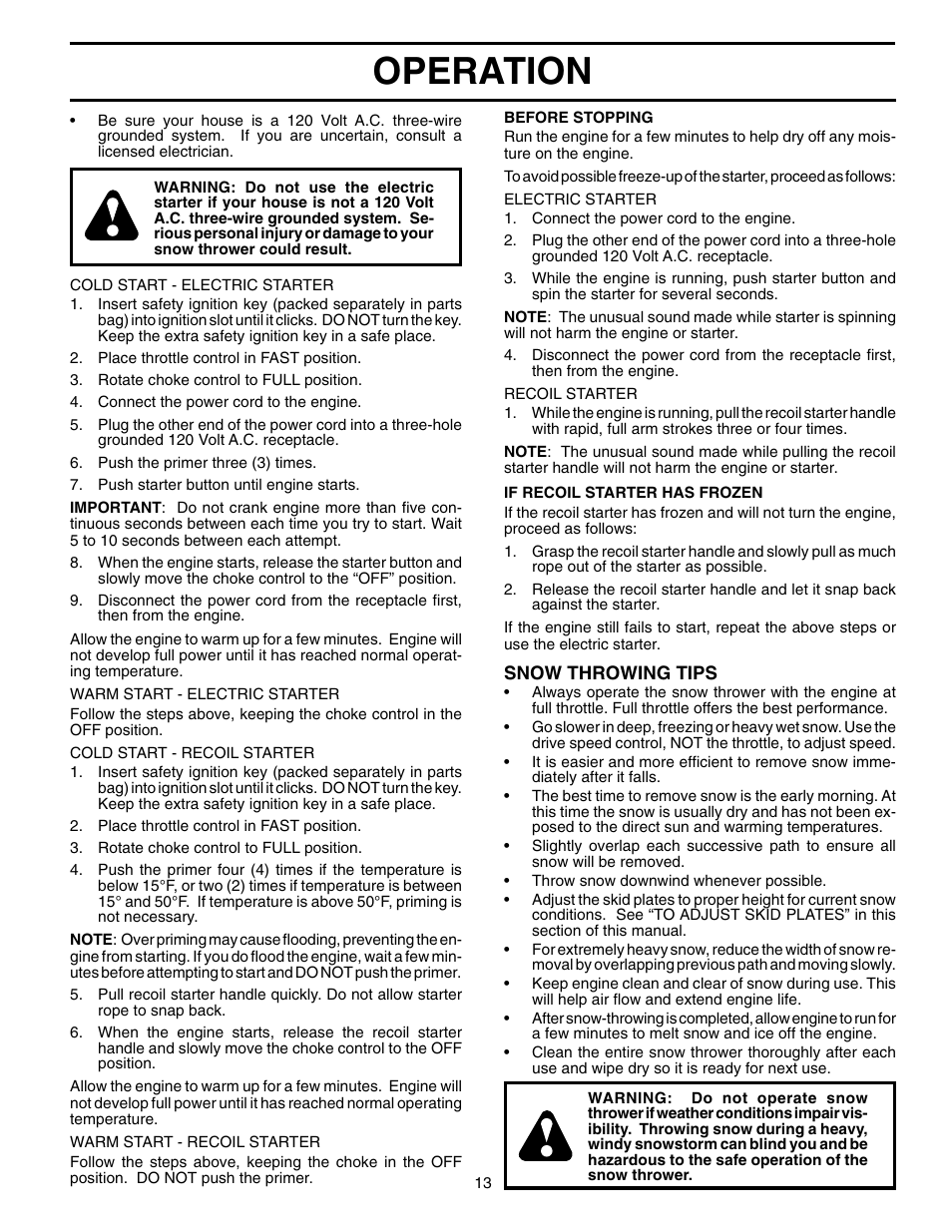 Operation | Poulan Pro PP11H30ES SNOW THROWER User Manual | Page 13 / 32