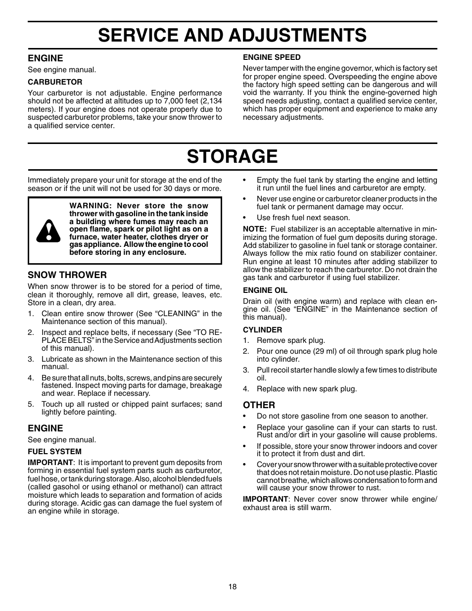 Service and adjustments storage | Poulan Pro PP11H30ES SNOW THROWER User Manual | Page 18 / 32