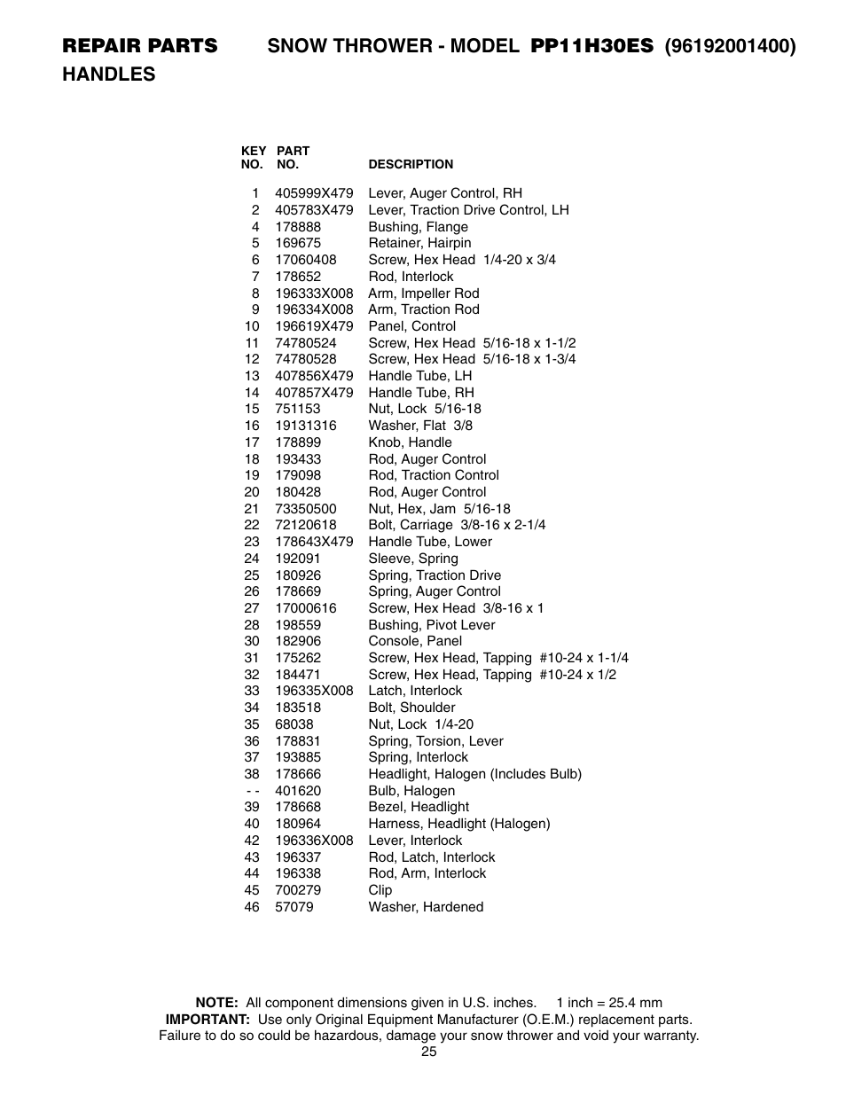 Poulan Pro PP11H30ES SNOW THROWER User Manual | Page 25 / 32