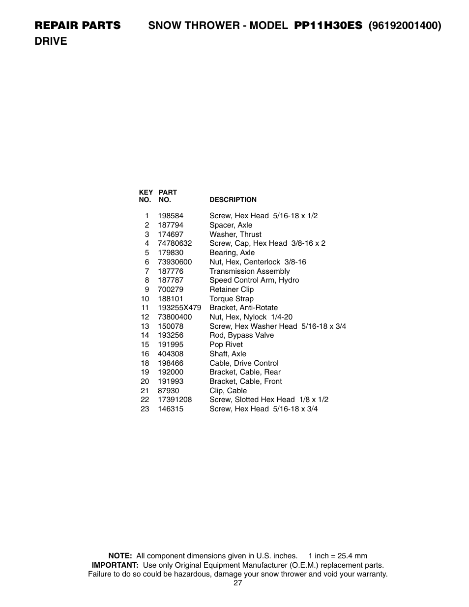 Poulan Pro PP11H30ES SNOW THROWER User Manual | Page 27 / 32