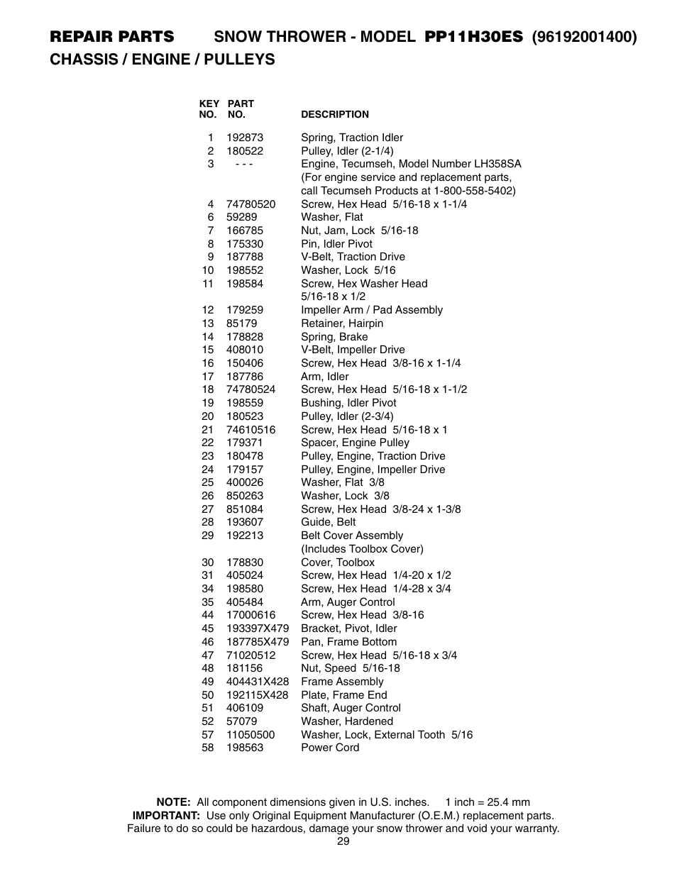 Poulan Pro PP11H30ES SNOW THROWER User Manual | Page 29 / 32