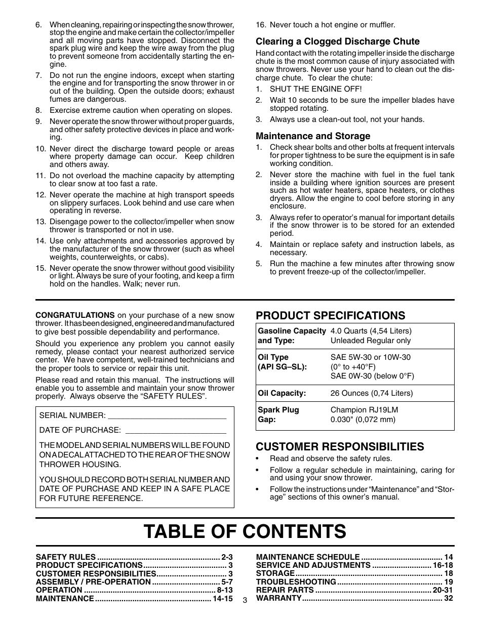 Poulan Pro PP11H30ES SNOW THROWER User Manual | Page 3 / 32