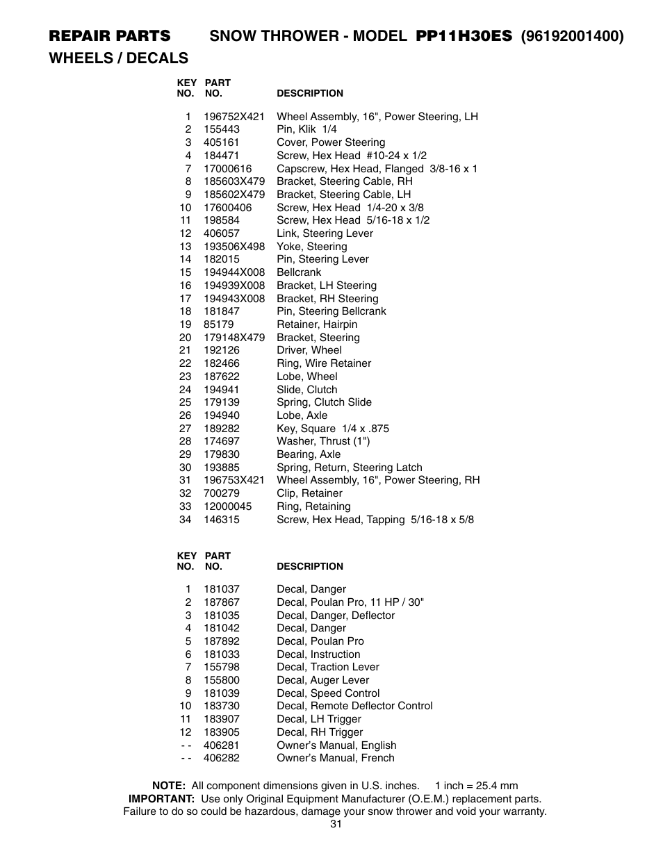 Poulan Pro PP11H30ES SNOW THROWER User Manual | Page 31 / 32