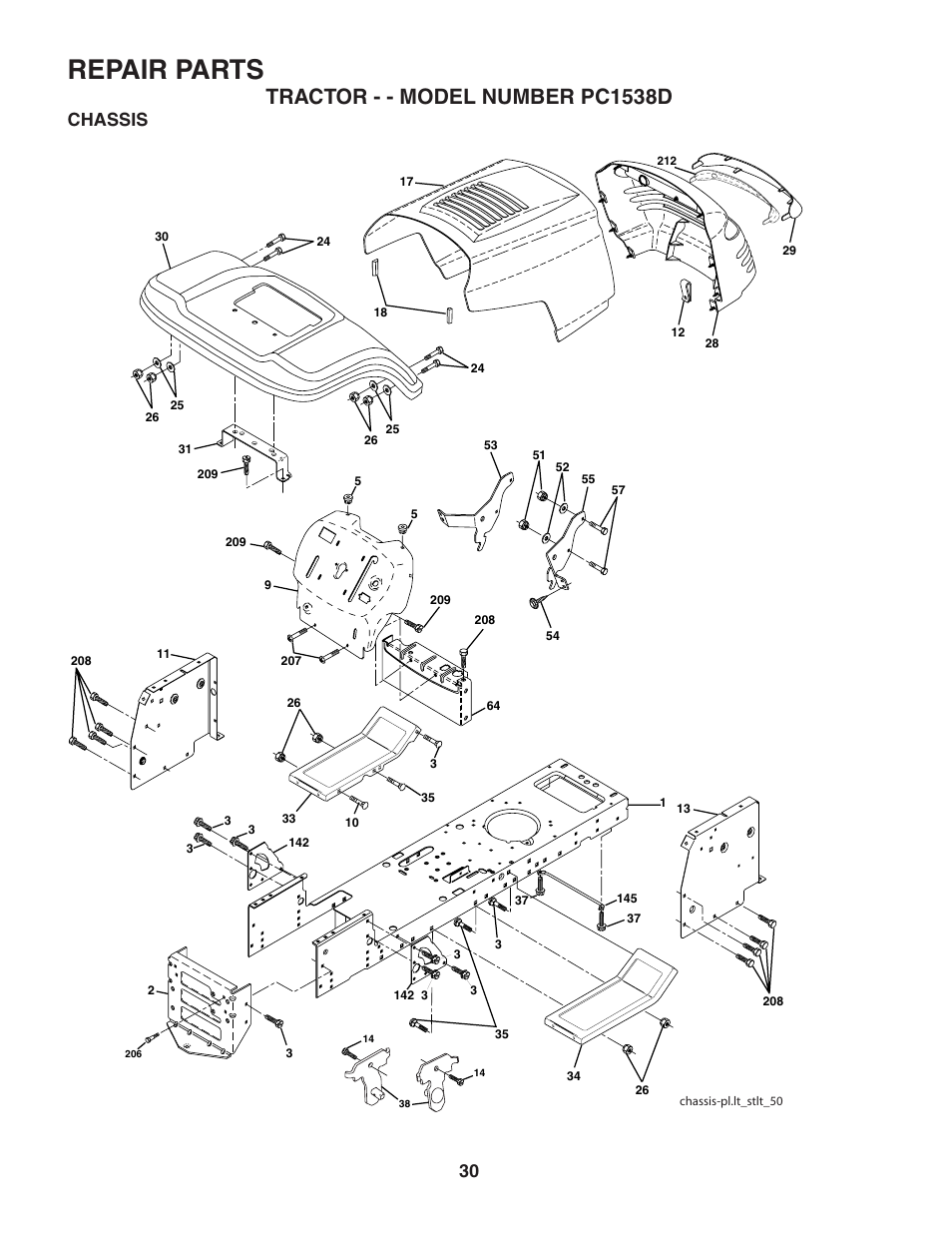 Repair parts, Tractor - - model number pc1538d, Chassis | Poulan 187581 User Manual | Page 30 / 44