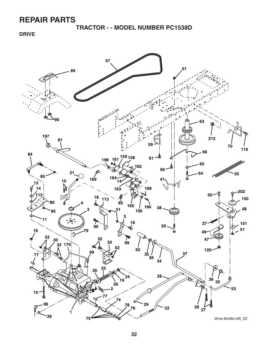 Repair parts, Tractor - - model number pc1538d, Drive | Poulan 187581 User Manual | Page 32 / 44