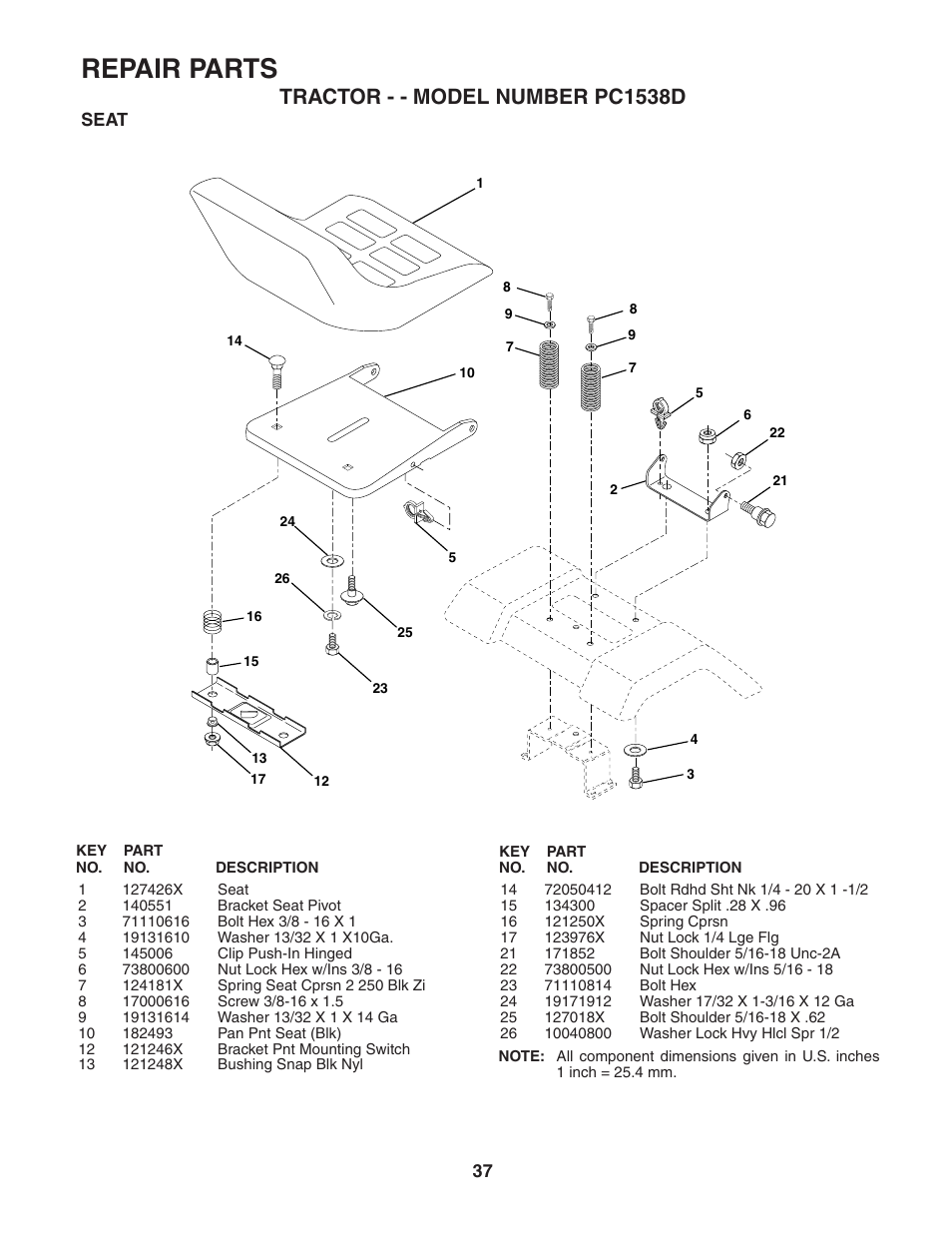 Repair parts, Tractor - - model number pc1538d, Seat | Poulan 187581 User Manual | Page 37 / 44