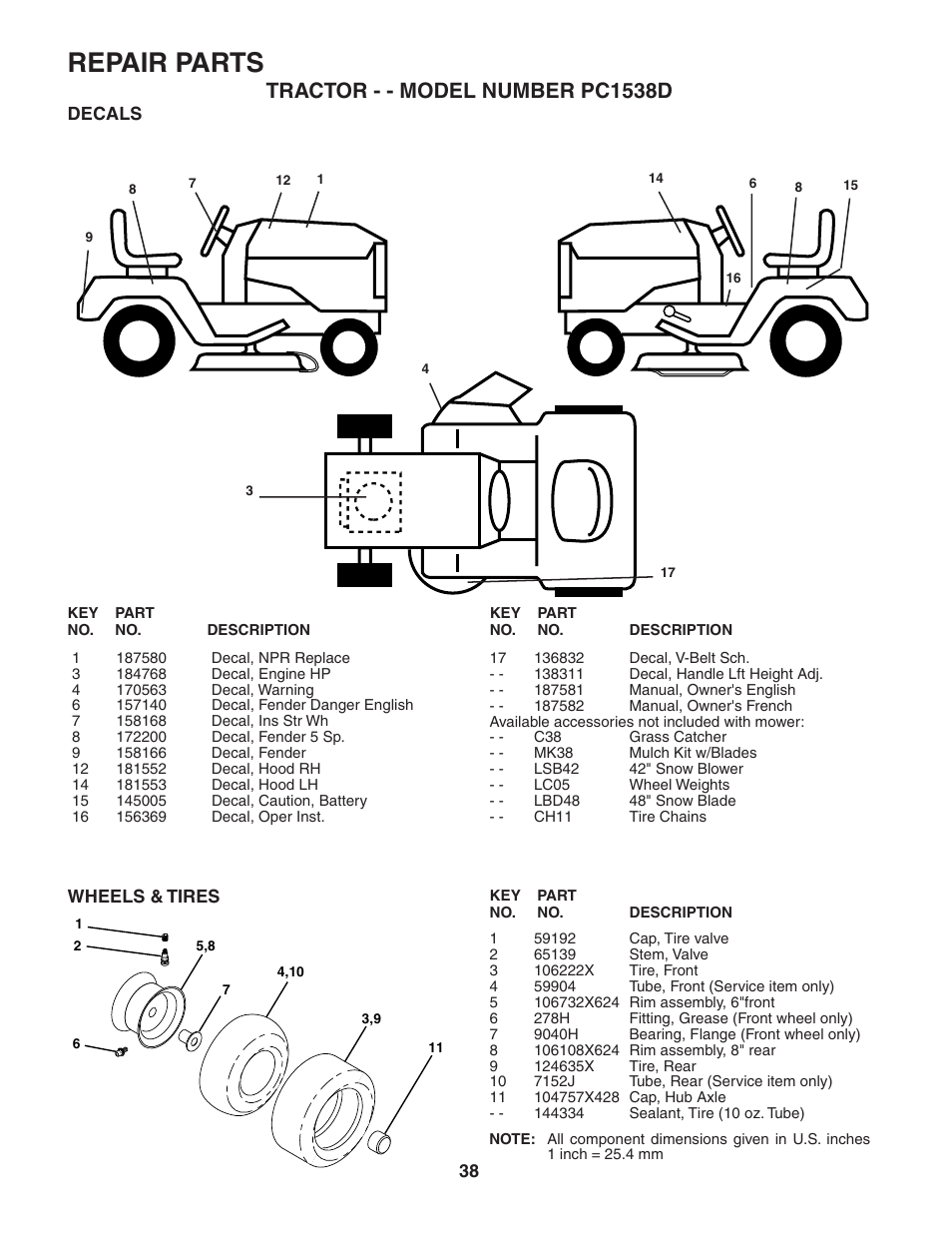 Repair parts, Tractor - - model number pc1538d | Poulan 187581 User Manual | Page 38 / 44