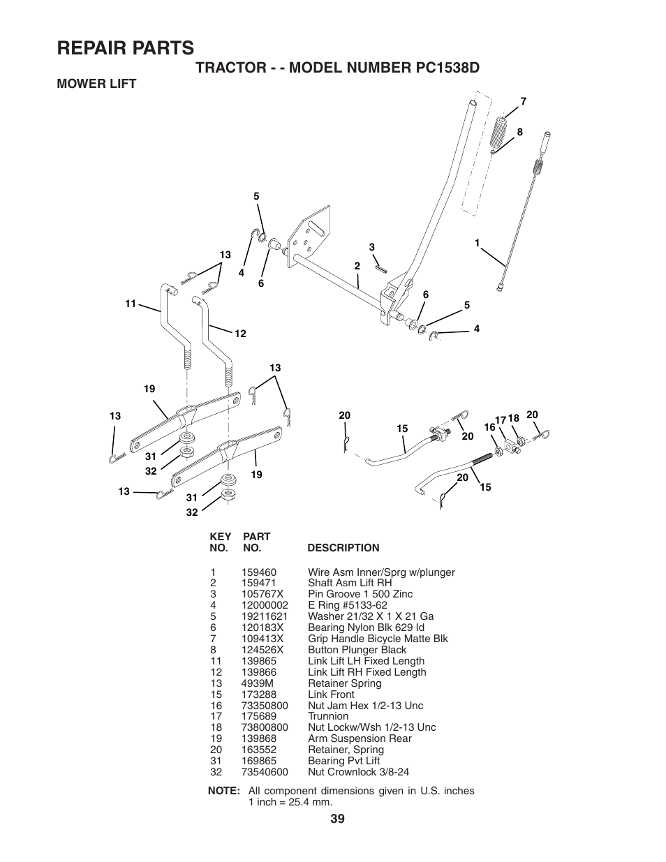 Repair parts, Tractor - - model number pc1538d | Poulan 187581 User Manual | Page 39 / 44