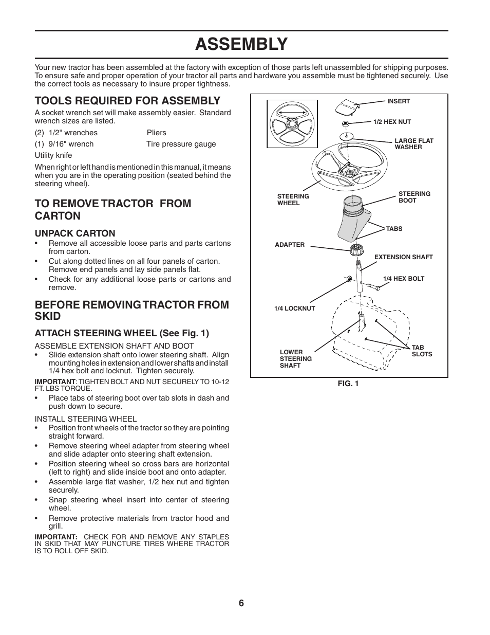Assembly, Tools required for assembly, Before removing tractor from skid | Poulan 187581 User Manual | Page 6 / 44