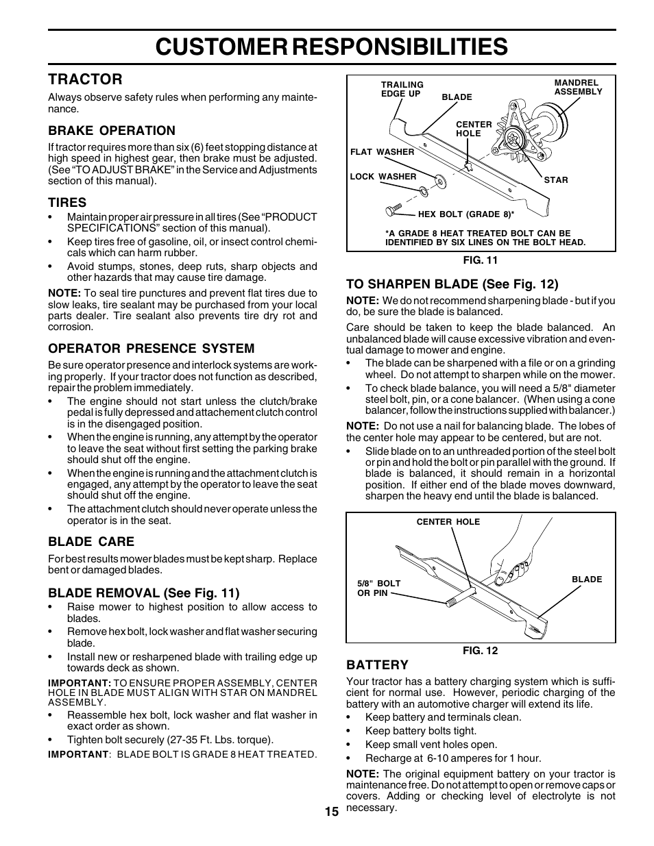 Customer responsibilities, Tractor | Poulan 180198 User Manual | Page 15 / 48